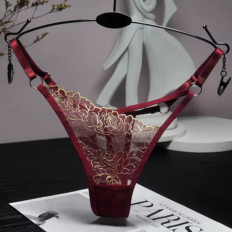 Sexy Lace Embroidery Thongs Women G strings Panties Transparent Mesh Underwear Ladies Briefs Adjustable Waist Culotte female