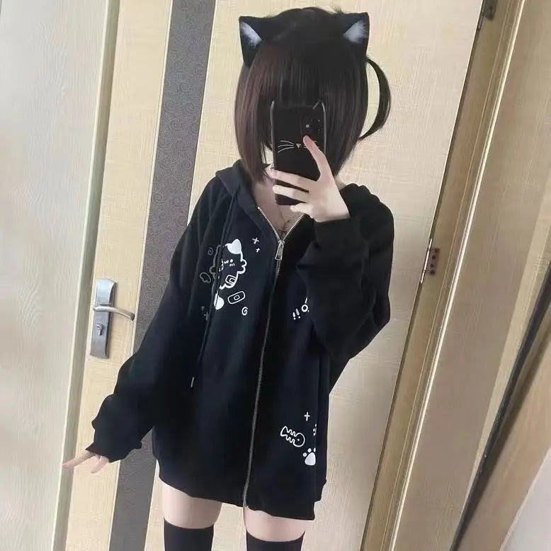 Spring Autumn Jackets Cute Cats Print Zip Up Hoodie Women Streetwear Sweatshirt Y2k Tops Cartoon Japanese Coat Grunge Black Gray