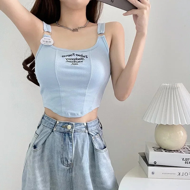 Women Summer Tops Sexy Camisole Square Collar Tank Top Y2k Slveless Female Crop Tops With Pad Fashion Vest Embroidery Letter