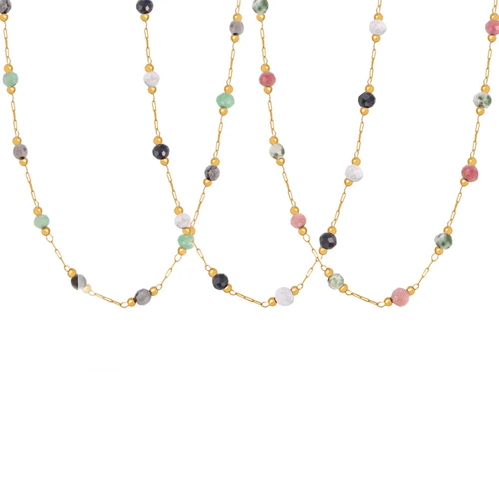 Women's Necklace Natural Stone Handmade Bead Double-layer Layered Collarbone Chain Stainless Steel Jewelry