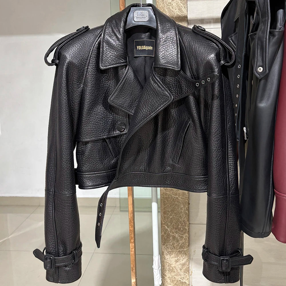 YOLOAgain Wide Shoulder Real Leather Jacket Women Oversized Genuine Leather Cropped Jacket