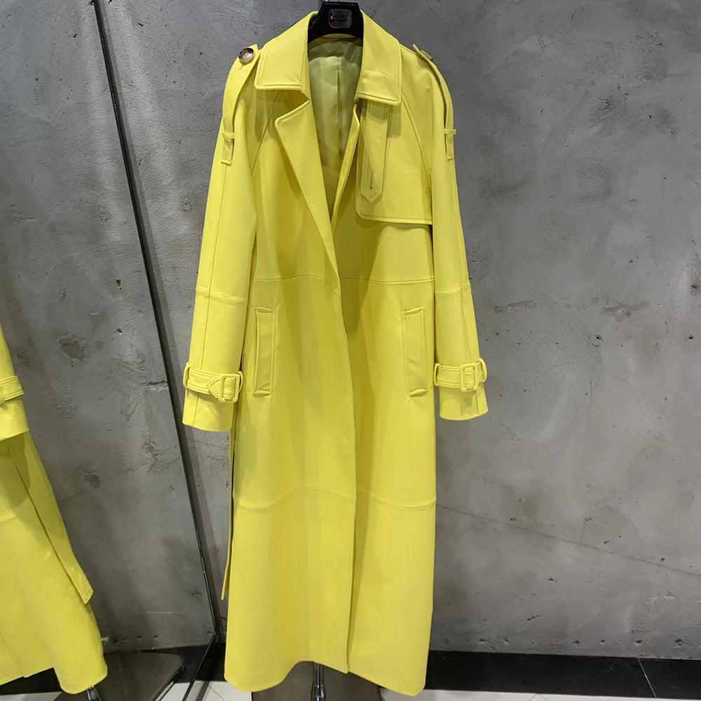 Leather Coat Orange Long Ladies Real Sheepskin Coat Genuine Sheep Leather Windbreak Long 21018