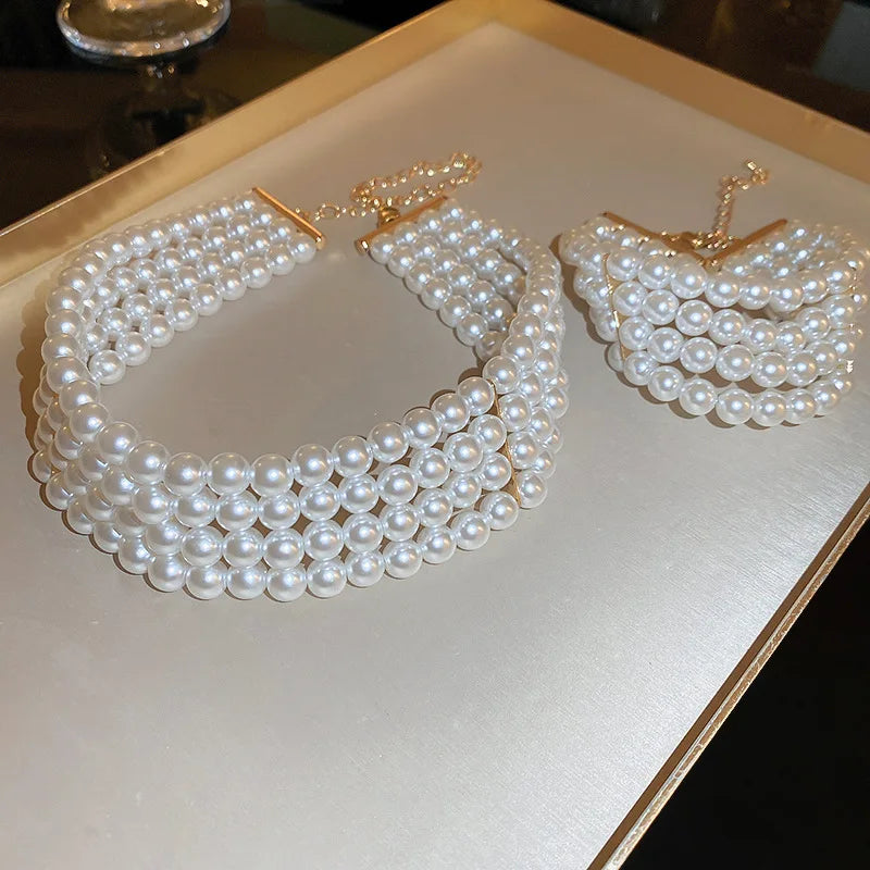 Pearl Necklace Bacelet Sets Geometric Necklace Women Solid Color Fashion Weddings Bride Jewelry Accessories