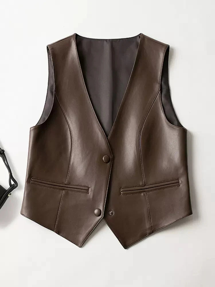 New Women Spring Autumn Leather Vest Fashion V-Neck Sleeveless Slim Sheepskin Jacket Casual Short Black Vest Split Leather