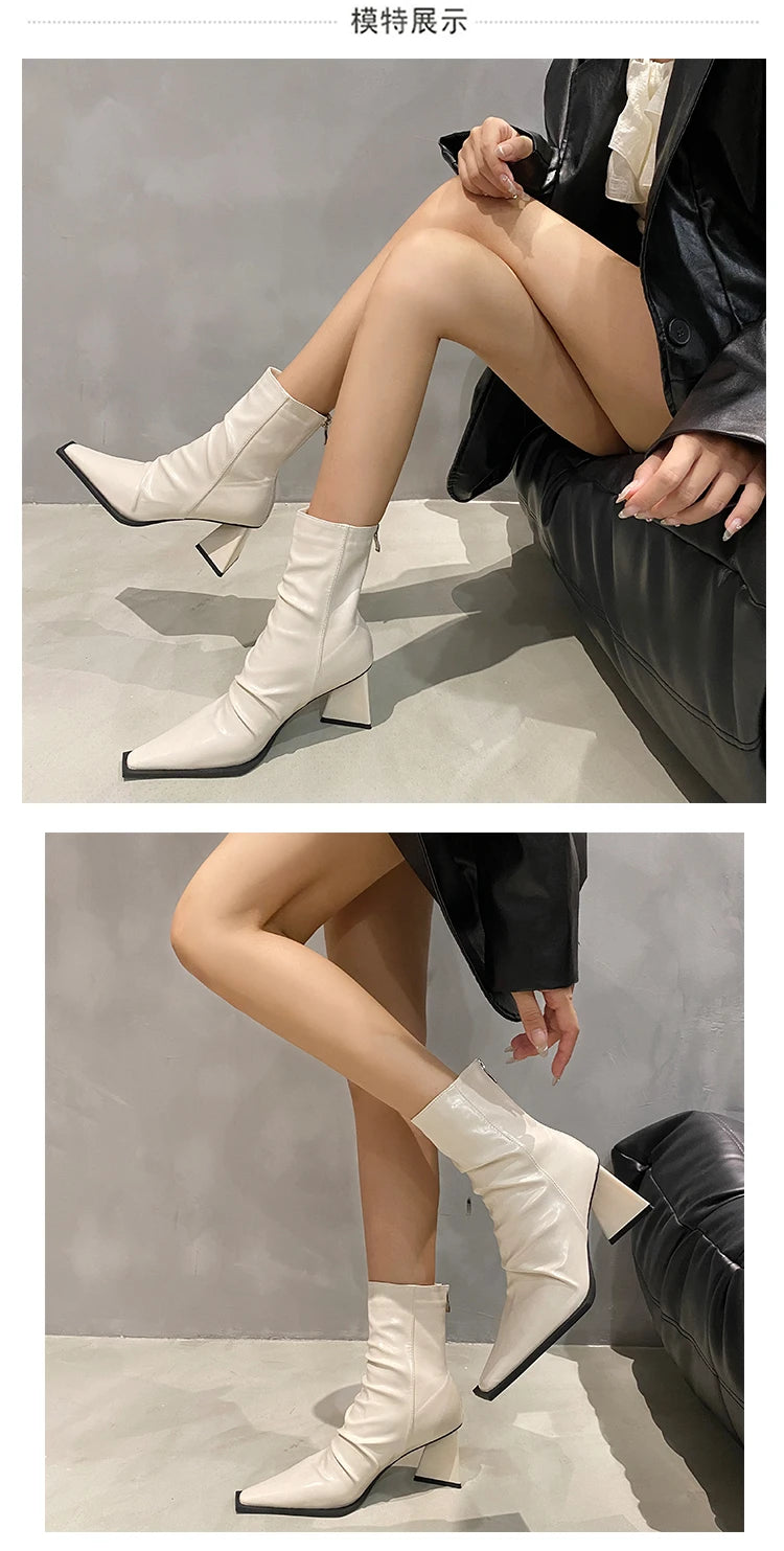 Horse Boots Female Ins Pointed Pink Skinny Boots 2023 Winter New Patent Leather Thick with Fashion High Heel Short Boots