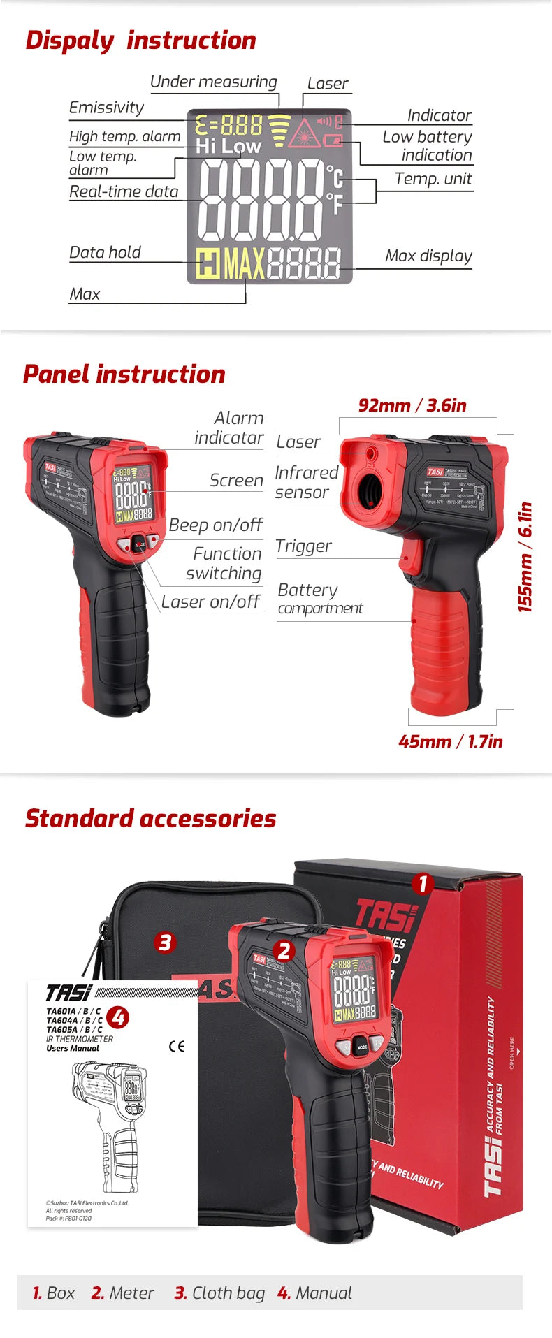 TASI TA601 Digital Infrared Thermometer Laser Temperature Meter Non-contact Pyrometer Imager Hygrometer IR Termometro -50-880℃