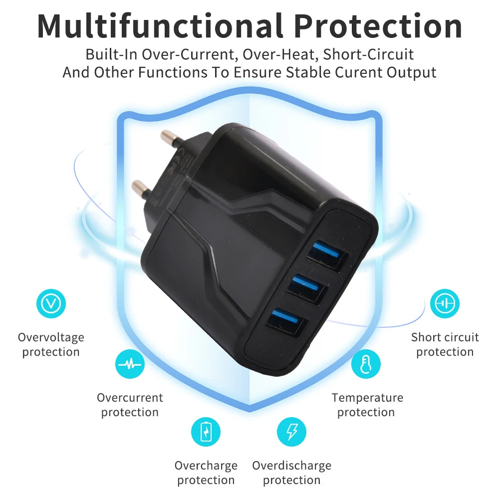 Travel Charger with 3 Ports Charger for iPhone for Galaxy 100-240V, EU Plug, USB Charger Adapter, Sleek Charger Design
