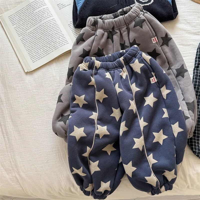 2025 Winter New Children Plus Velvet Thick Casual Pants Fashion Print Boys Fleece Sweat Pants Girls Warm Trousers Kids Clothes
