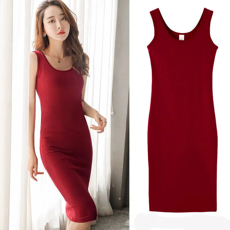Summer Tank Top Style Dress Women Simple All-match Solid Color Package Hip Slim Sleeveless Dresses Commuting Style Midi Vestidos