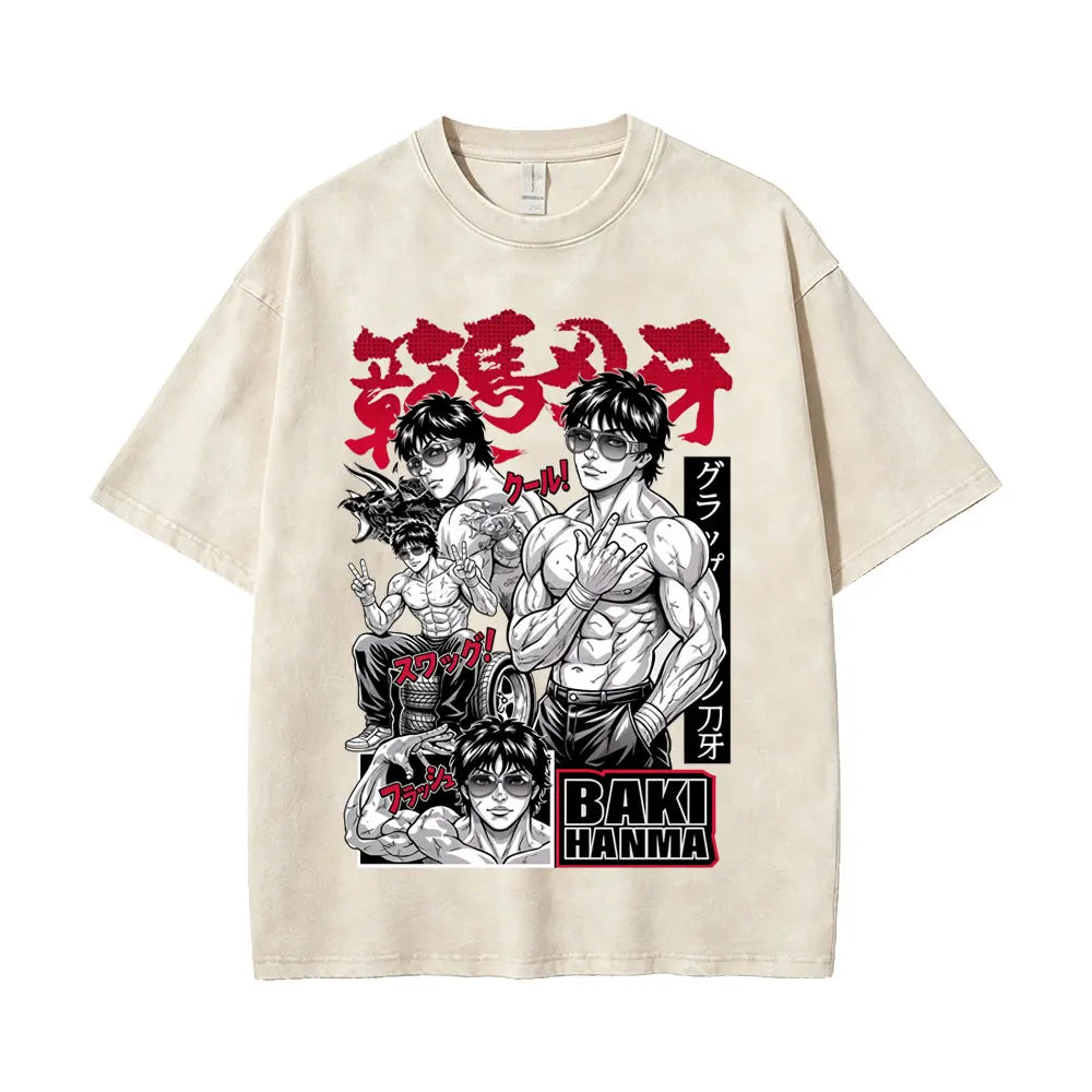 Washed Vintage Anime Baki Hanma Wake Up T-shirt Men Women Retro Manga Oversized T-shirts Men's Casual Cotton T Shirts Streetwear