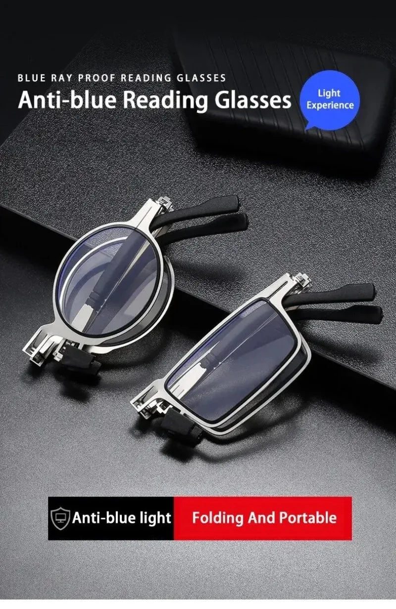 Portable Unisex Folding Reading Glasses Full Metal Frame Anti Blue Light Blocking for Men Women Presbyopia Eyeglasses with Case