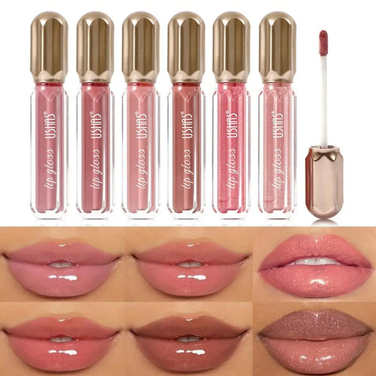 USHAS Mirror Pearl Lip Gloss Waterproof Non Stick Cup Long Lasting Moisturizing Lipstick Shine Glitter Lip Glaze Lip Tint Makeup