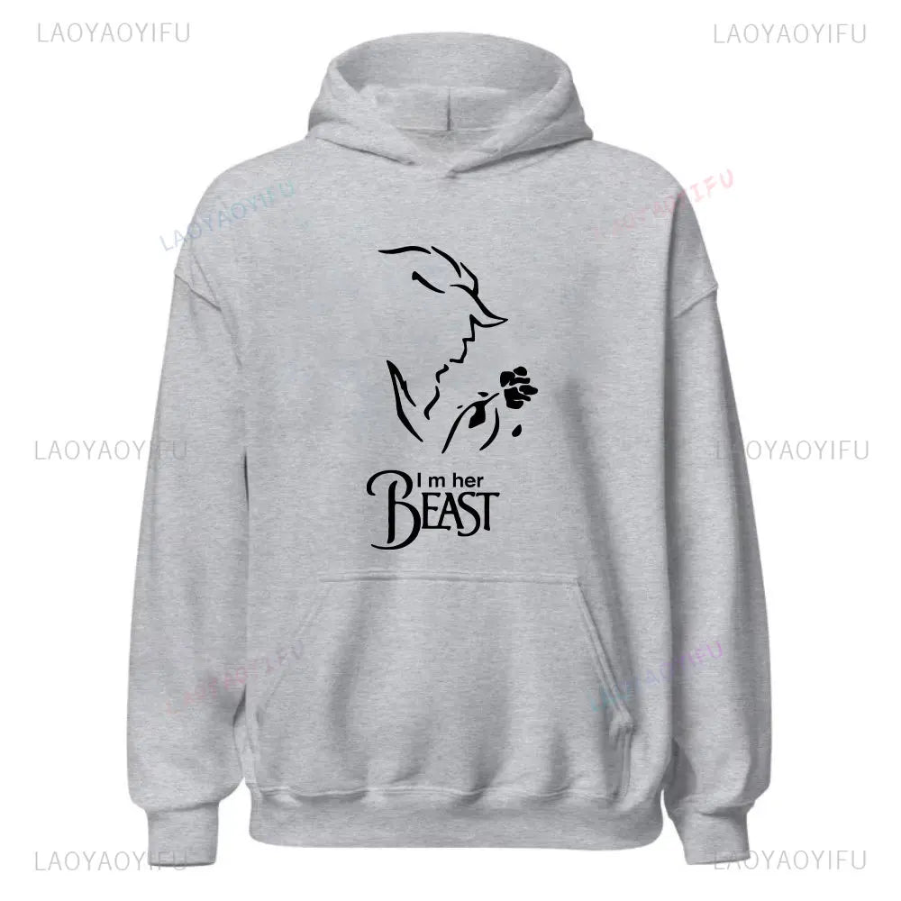 I'm Her Beast I'm His Beauty Print Sweatshirts Couple Matching Hoodies Men Women Long Sleeve Hooded Luminous Lover Hoodie
