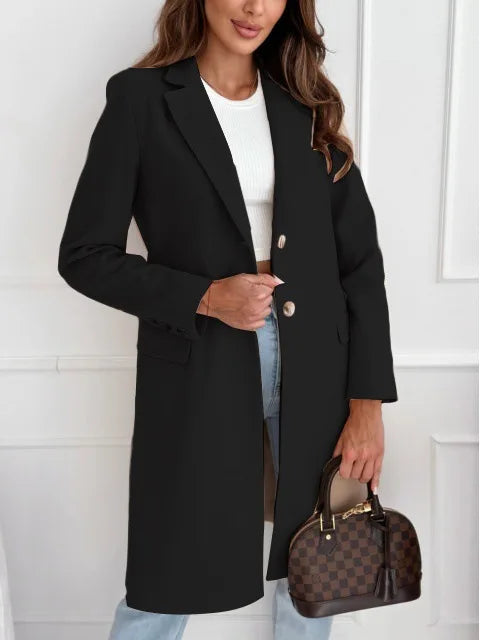 Women's British Suit Collar Solid Color Woolen Coat Autumn Winter Simple Medium Long Elegant and Fashionable Warm Coat Jacket