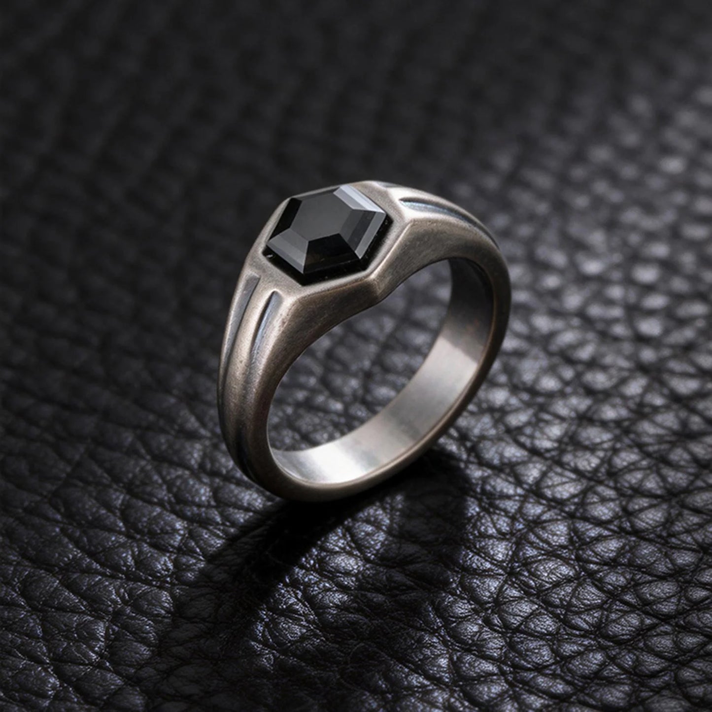 Hexagon Black Zircon Ring for Men, Stainless Steel Antique Silver Color Geometric Band,Punk Statement Jewelry Gift