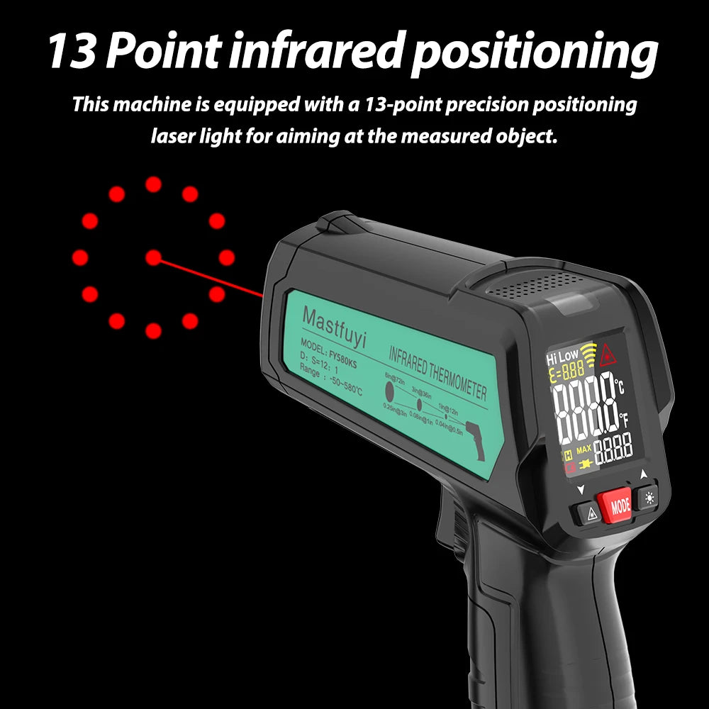 MASTFUYI 13 Point Infrared Positioning Thermometer -50°C~580°C Laser Digital Thermometer Color LCD Pyrometer Ambient Recorder