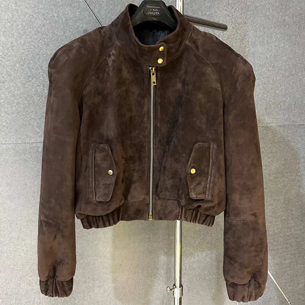 Cropped Suede Brown Women Jacket Drop-shoulder Real Leather Jackets 2025 New Outerwear