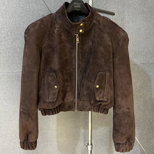 Cropped Suede Brown Women Jacket Drop-shoulder Real Leather Jackets 2025 New Outerwear