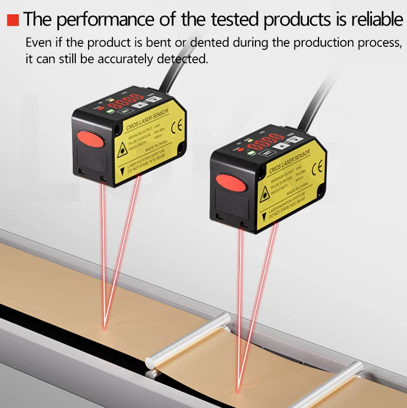 The laser displacement sensor features high-precision distance measurement and thickness detection, with rs485 switch analog out
