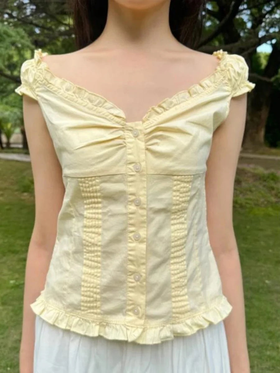 Women Summer Y2K Babydoll Crop Top Fairy Grunge Button Up Shirt Cap Sleeve Slim Fit Ruffle Hem Coquette Top
