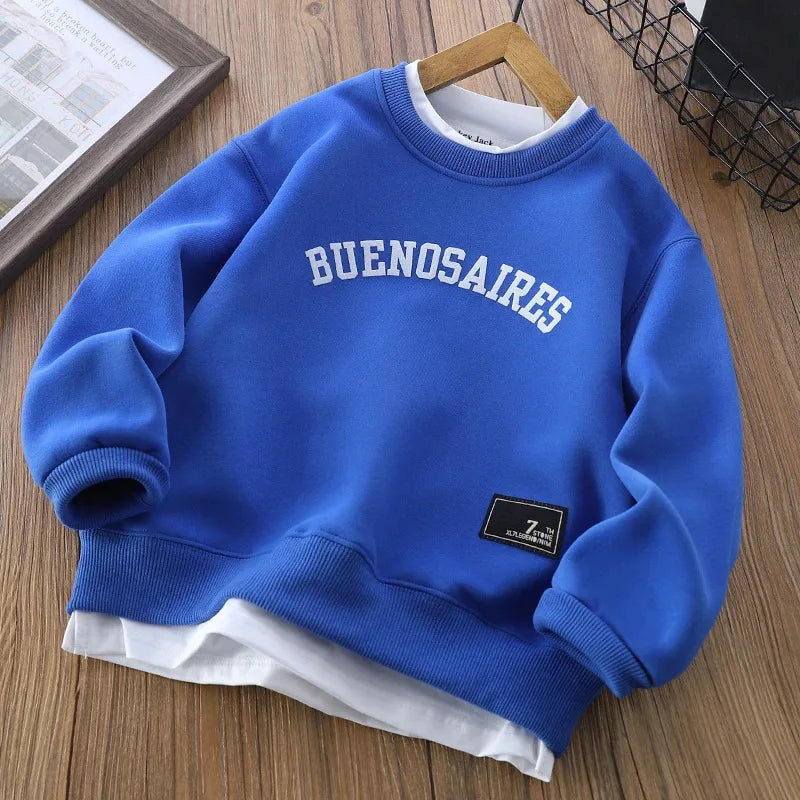 2026 Autumn Spring New Teen Boys Hoodies Solid Color Letter Print Long Sleeve Sweatshirt For 5-12Y Kids Sports Casual Pullover
