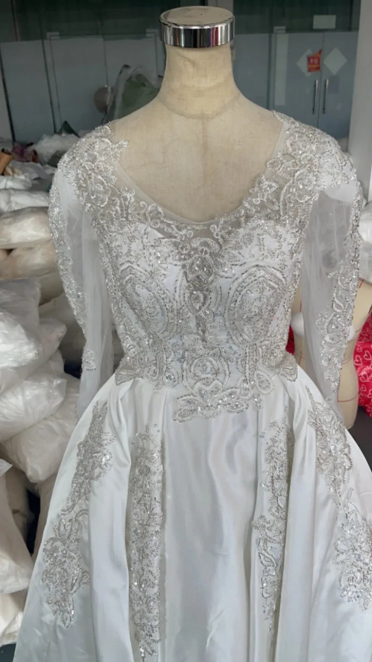 Wedding Dress Long Sleeve Heavy Industry 2023 New Bride V-Neck Satin High Quality Palace Main Wedding Dress French Wedding Dress