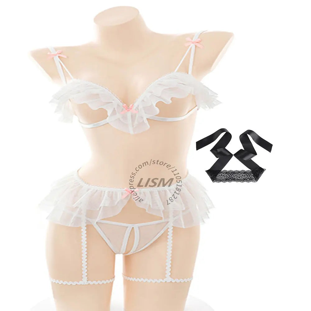 LISM Women's Cute Ruffle Lingerie Set White Sheer Triangle Bra Thong Garter Belt Set for Intimate Wear Cosplay