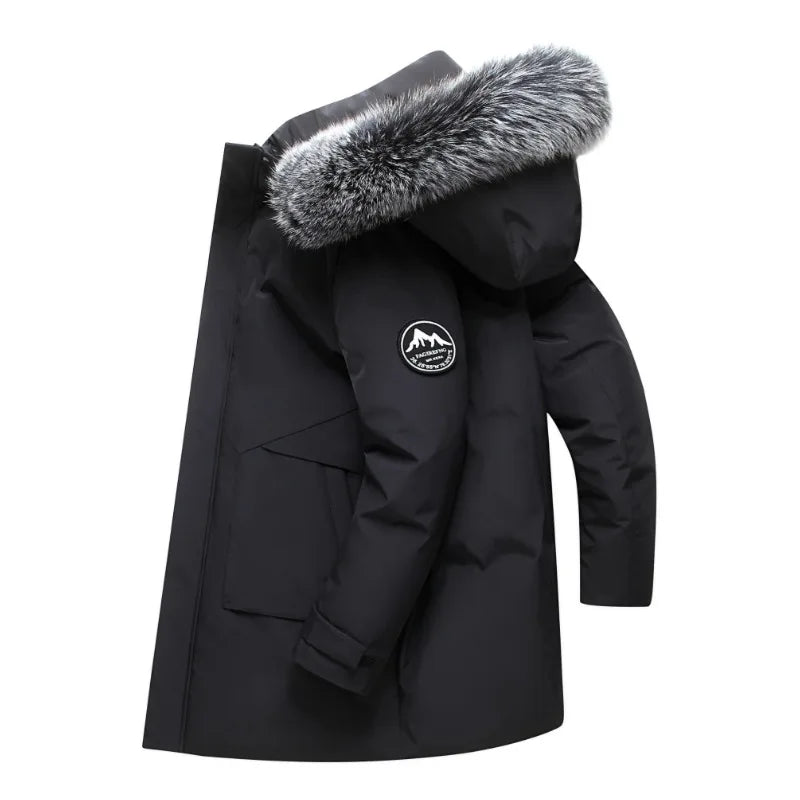 Winter New Men's Mid to Long Down Jacket with Hood Big Fur Collar Thick Warm Coat Winter White Duck Down Windproof Parka Korean