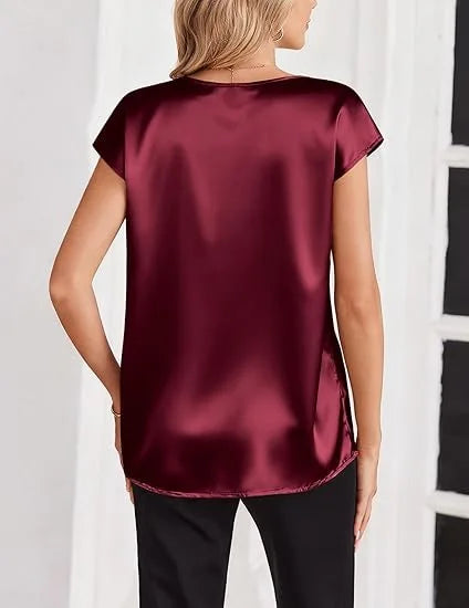 Women's Summer New T-shirt Casual V-Neck Short Sleeve Blouse Business Casual Tops Satins Silk Summer Shirt Work Solid Color Tops
