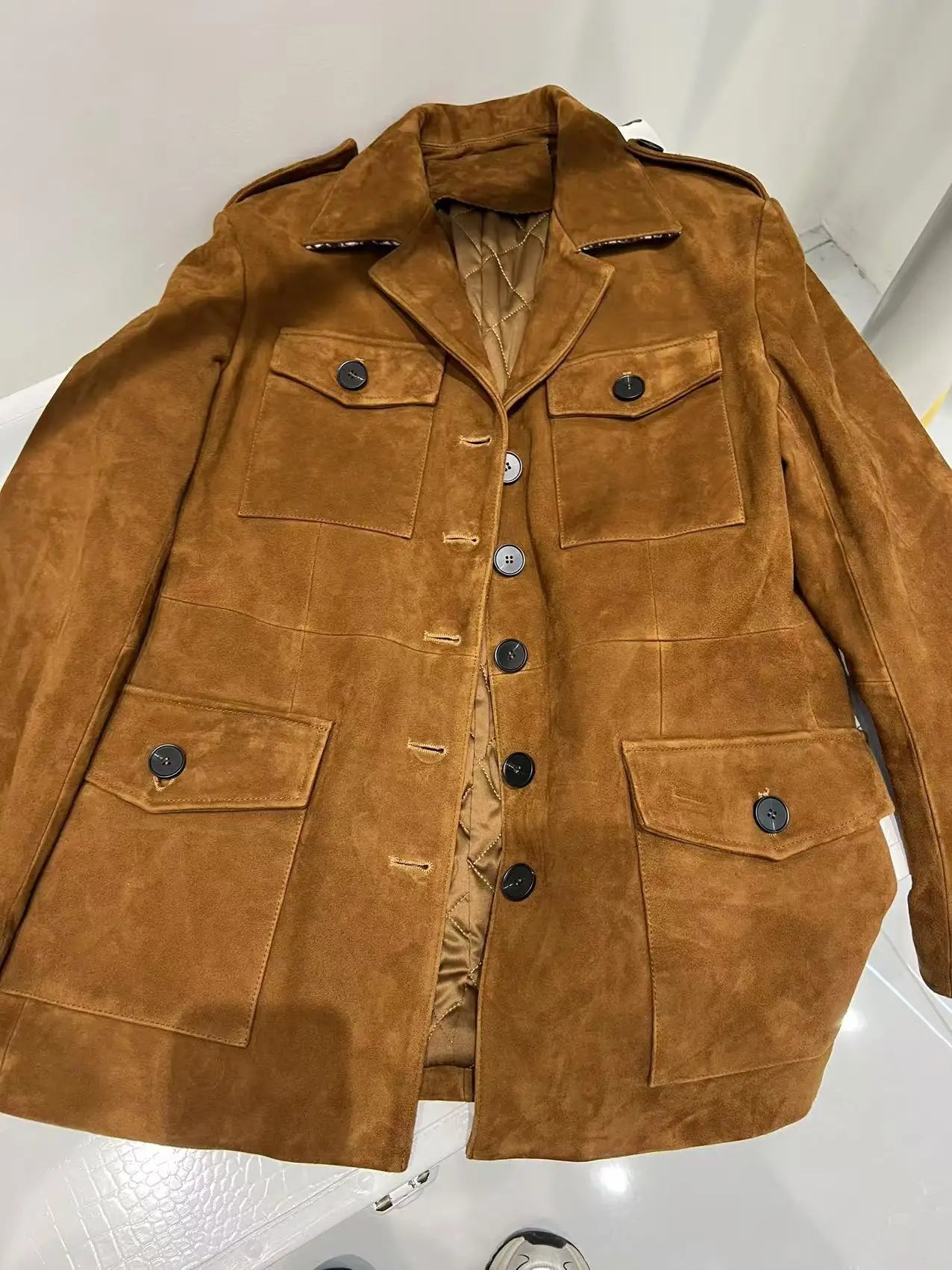 Luxury High-end Kid Suede Leather Jacket for Women Winter Pockets Slimming Coat Filled With Mulberry Silk Deep Coffee Warm Veste