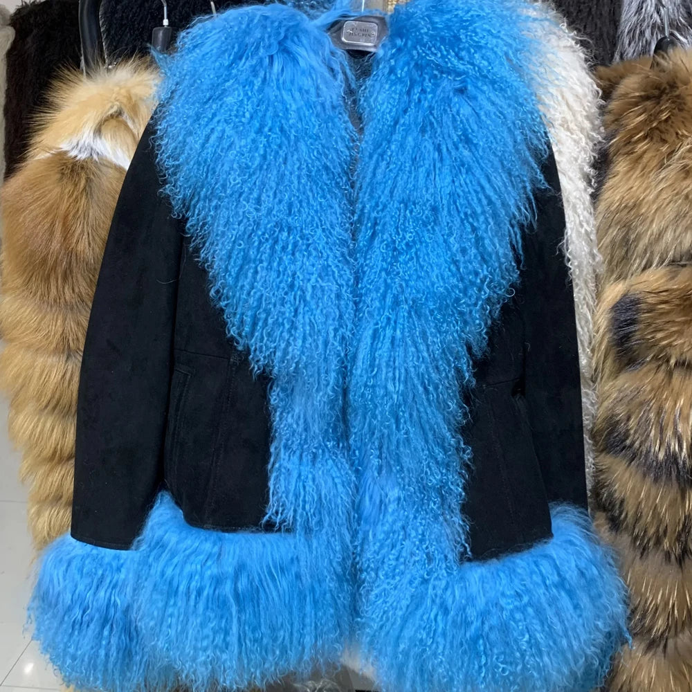 Black Suede Mongolian Sheep Fur Coat Women Fur Jacket with Long Sleeve New arrival Winter Real Fur Coat
