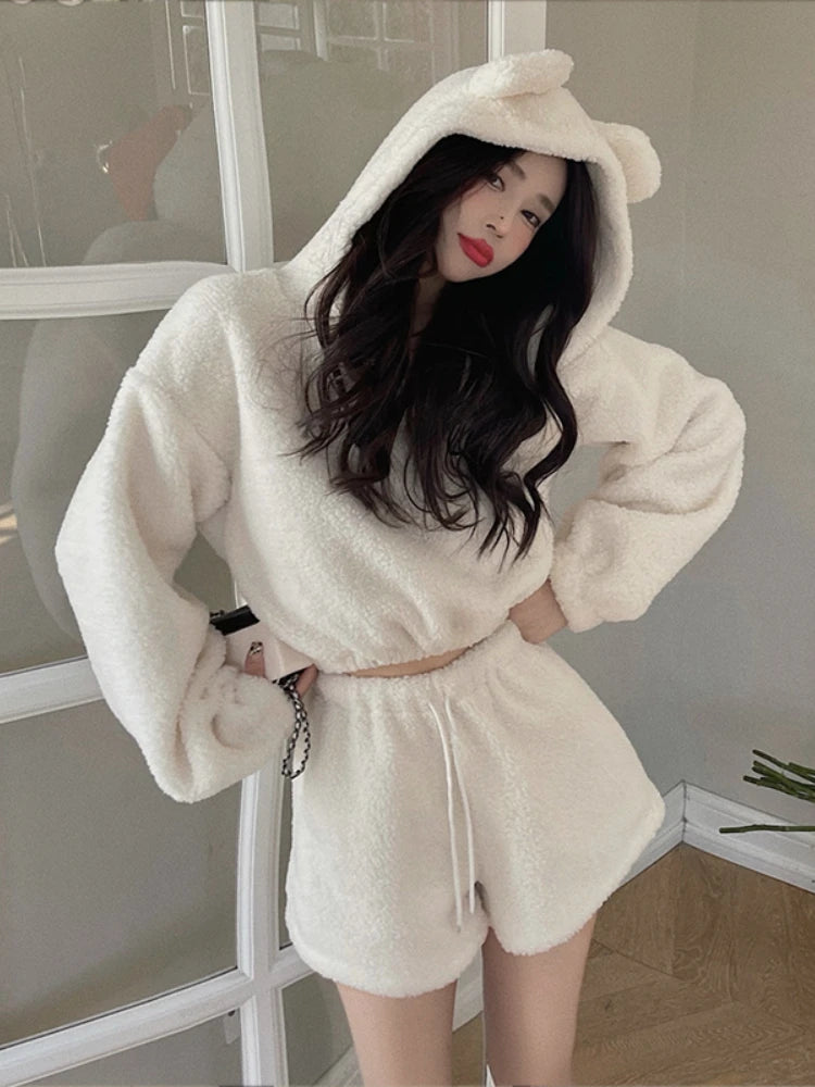 Autumn Winter Women Kawaii Shorts Set Soft Plush Bear Ears Hooded Sweatshirt High Waist Shorts Suit Girls Hoodies 2 Piece Sets