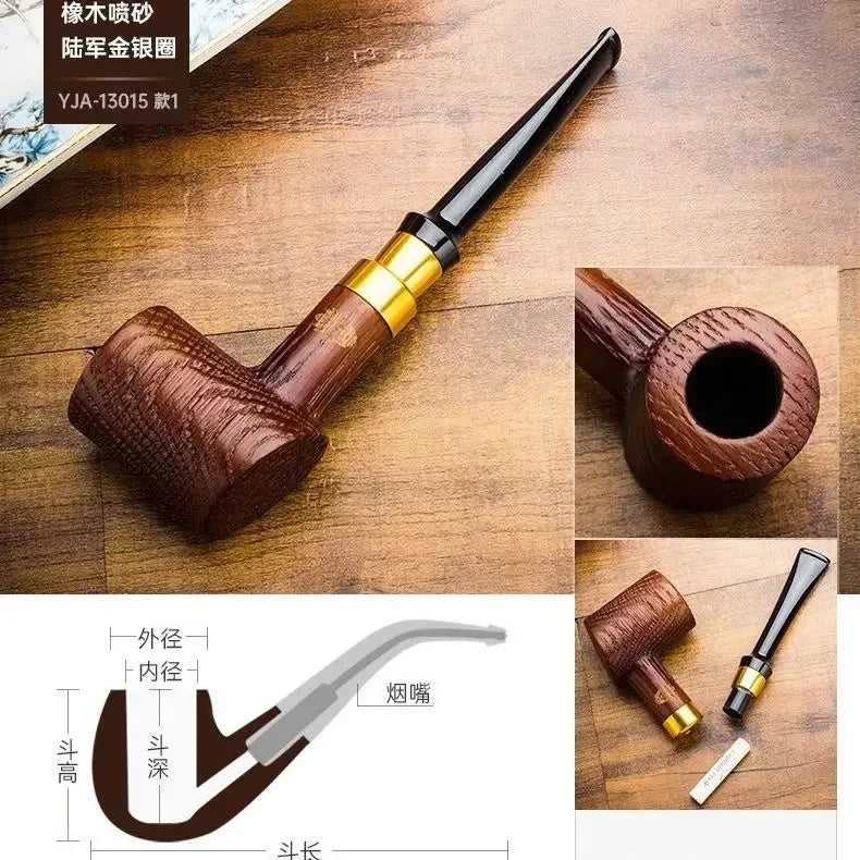 Oak Wood Sandblasted Tobacco Pipe with Gold Silver Band 9mm Filter Straight Bent Smoking Pipe for Men Gift Accessories