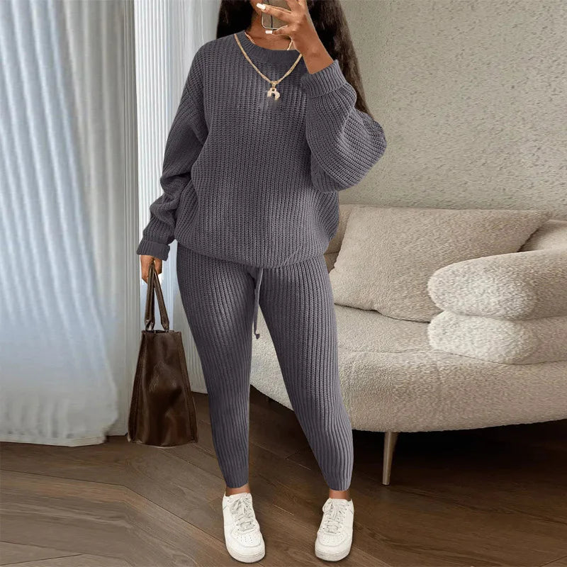 Fashion Casual Knitted Suits Long Pants Suits Women's Woolen Suits New Fashion Elegant Casual Solid Two Piece Outfits Woman