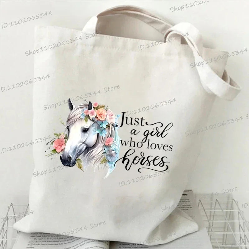 Women's Tote Bag Just A Girl Who Loves Horses Print Canvas Large Capacity Shopping Bags Horse and Flower Commuter Shoulder Bag