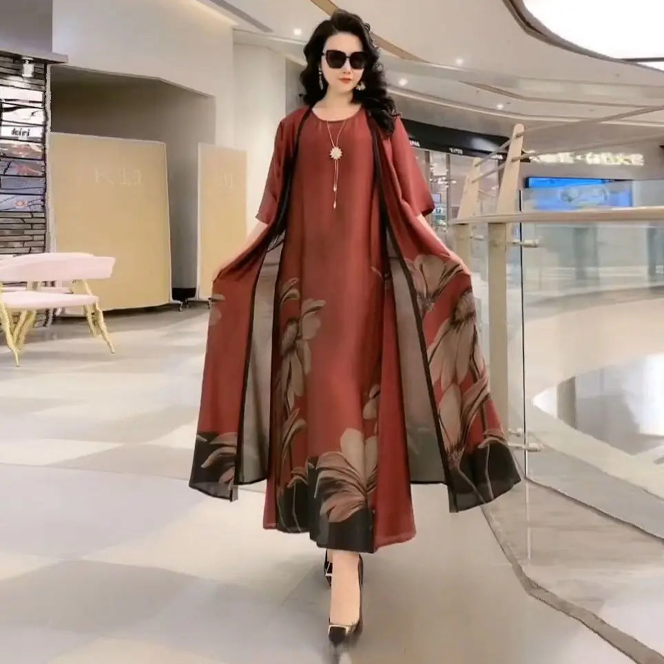 High Atmospheric Elegant Silk Dress Two-piece set 2024 Summer New Westernized Mulberry Silk Large Size Temperament Long Set Skir
