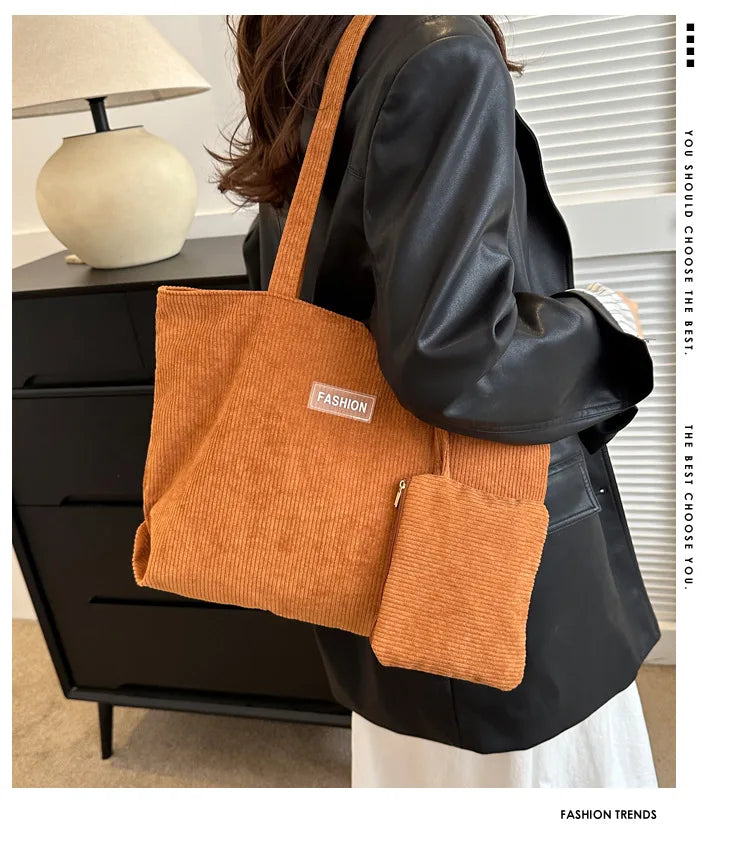 Ladies' handbag, corduroy ladies' shoulder bag, daily commuting tote bag, shoulder bag with small bag