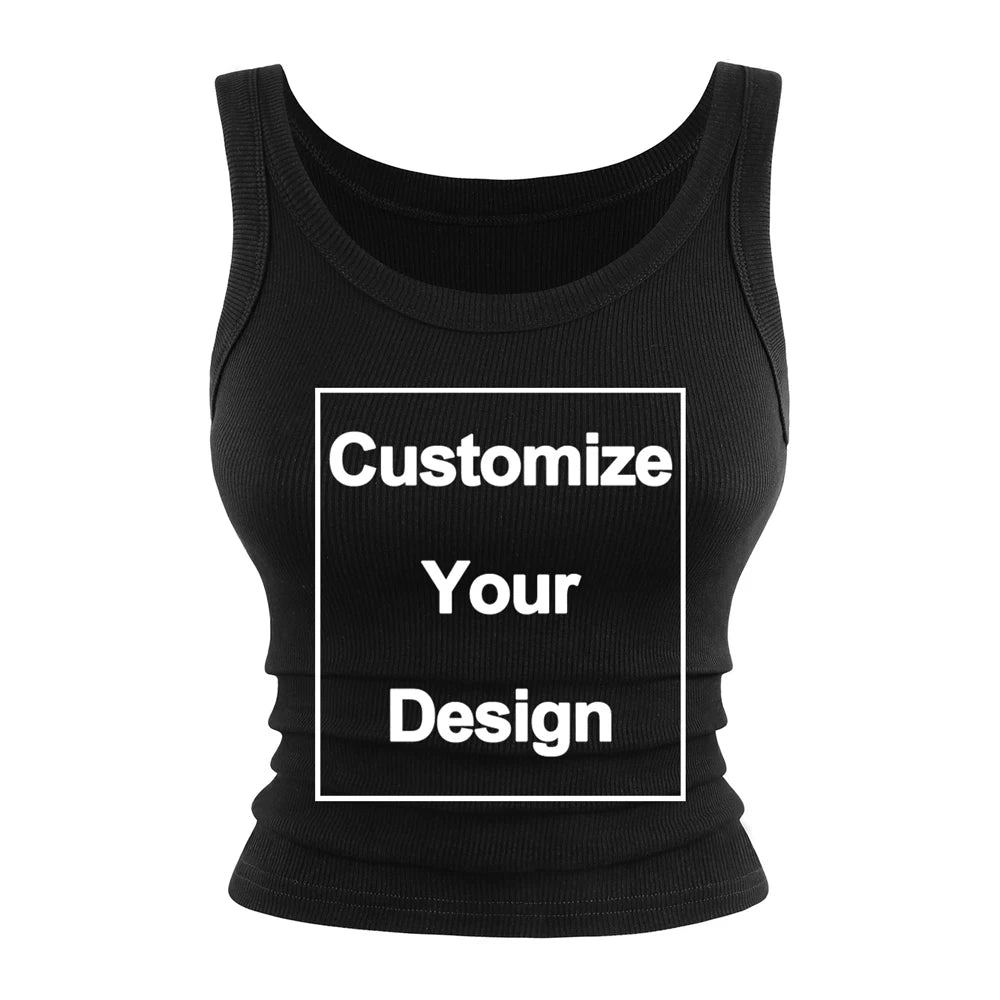 Custom Summer Womens Tank Tops DIY Logo/Letter Sleeveless Tight Ribbed Black Knit Vest Straps Casual Sporty Basic Clothing