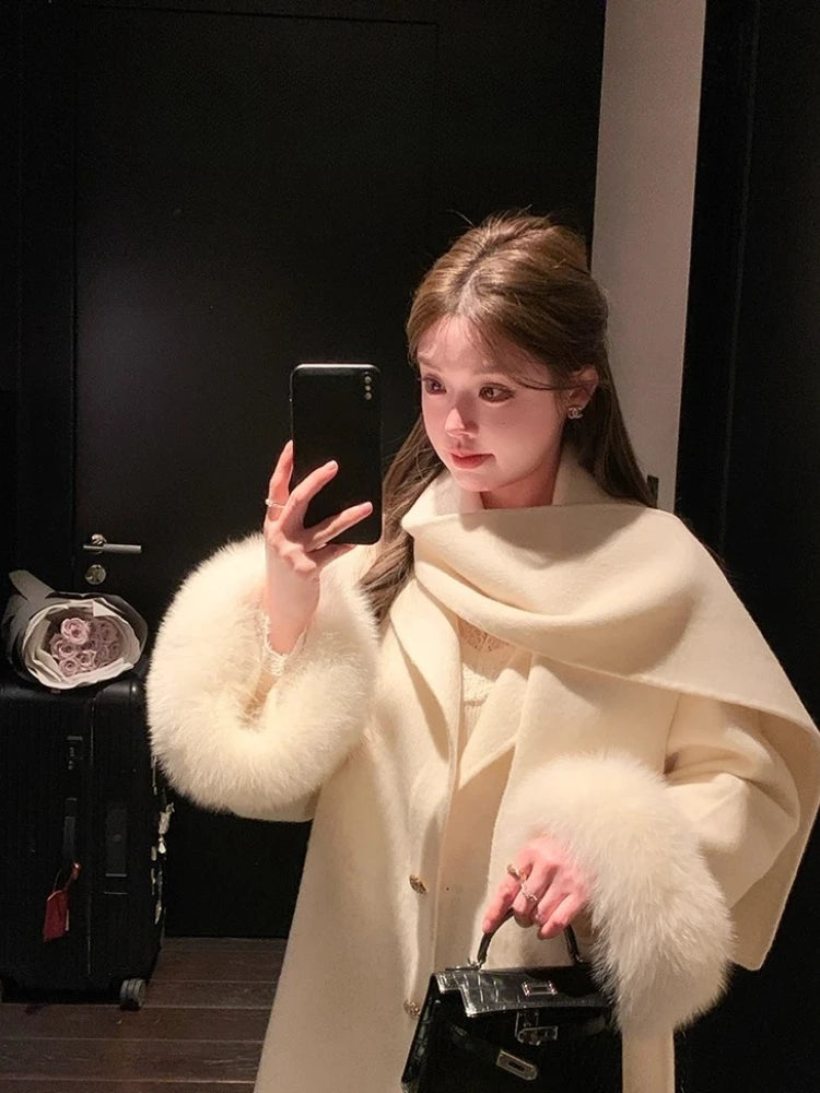 Elegant Wool Coat Warm Women Double Faced Luxury Real Fox Fur Sleeves 100 Wool Scarf Autumn Winter 2025 New Fashion Trench Coat