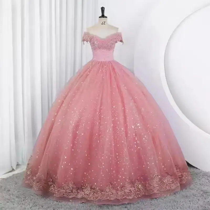 Shiny Wedding Gowns Sweet Boat Neck Wedding Party Ball Gown Off Shoulder Wedding Dresses Customized For Women