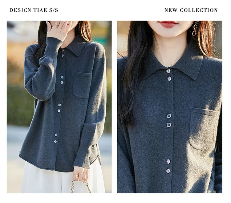 POLO Collar Wool Sweater 100 Pure Wool Spring And Autumn New Knitted Women Loose And Slimming Cardigan ZA682