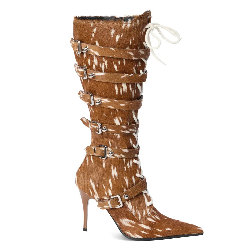 Horsehair Metal Rivet Buckle Betl Long Boots Thick Heel Sexy Pointed Toe Zipper New Arrivals Fashion Women Modern Boots