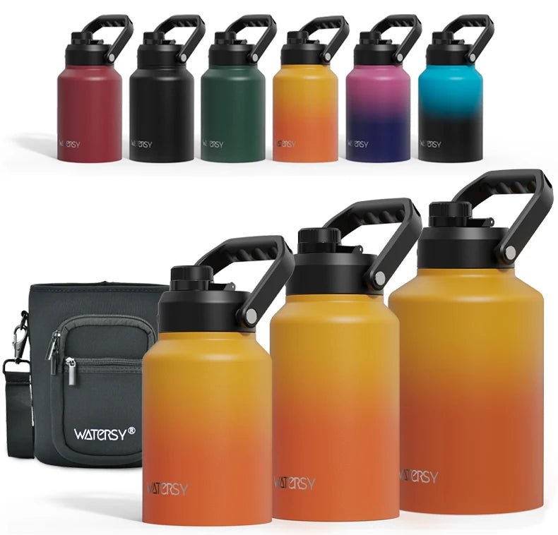 WATERSY 64/87/128oz Insulated Water Bottle Keep Cold for 48H 2L Large Stainless Steel Thermos with Handle for Gym Hiking Camping