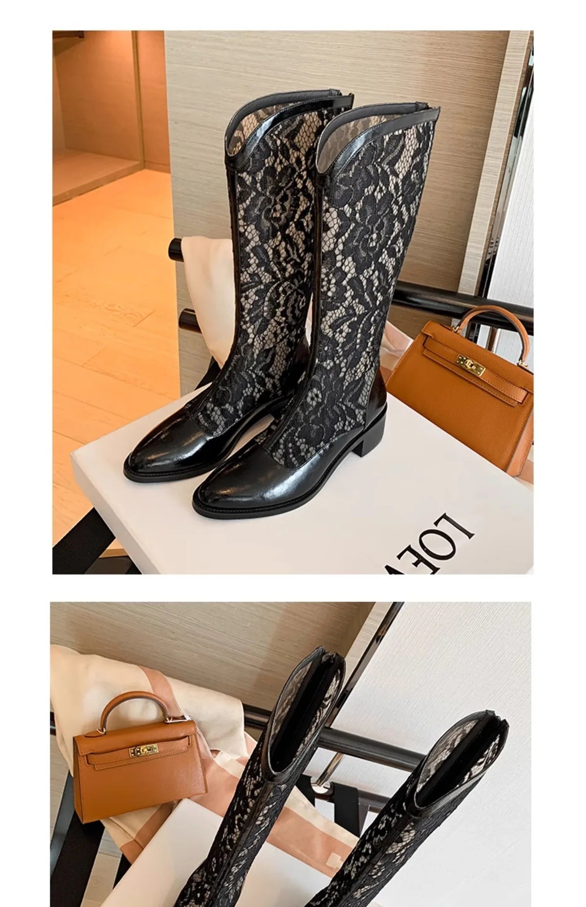 Woman Fashion Lace Flower Boots Thick Heel Pointed Toe Mid-calf Boots Female Footwear Summer Size 41 Breathable Botas De Mujer