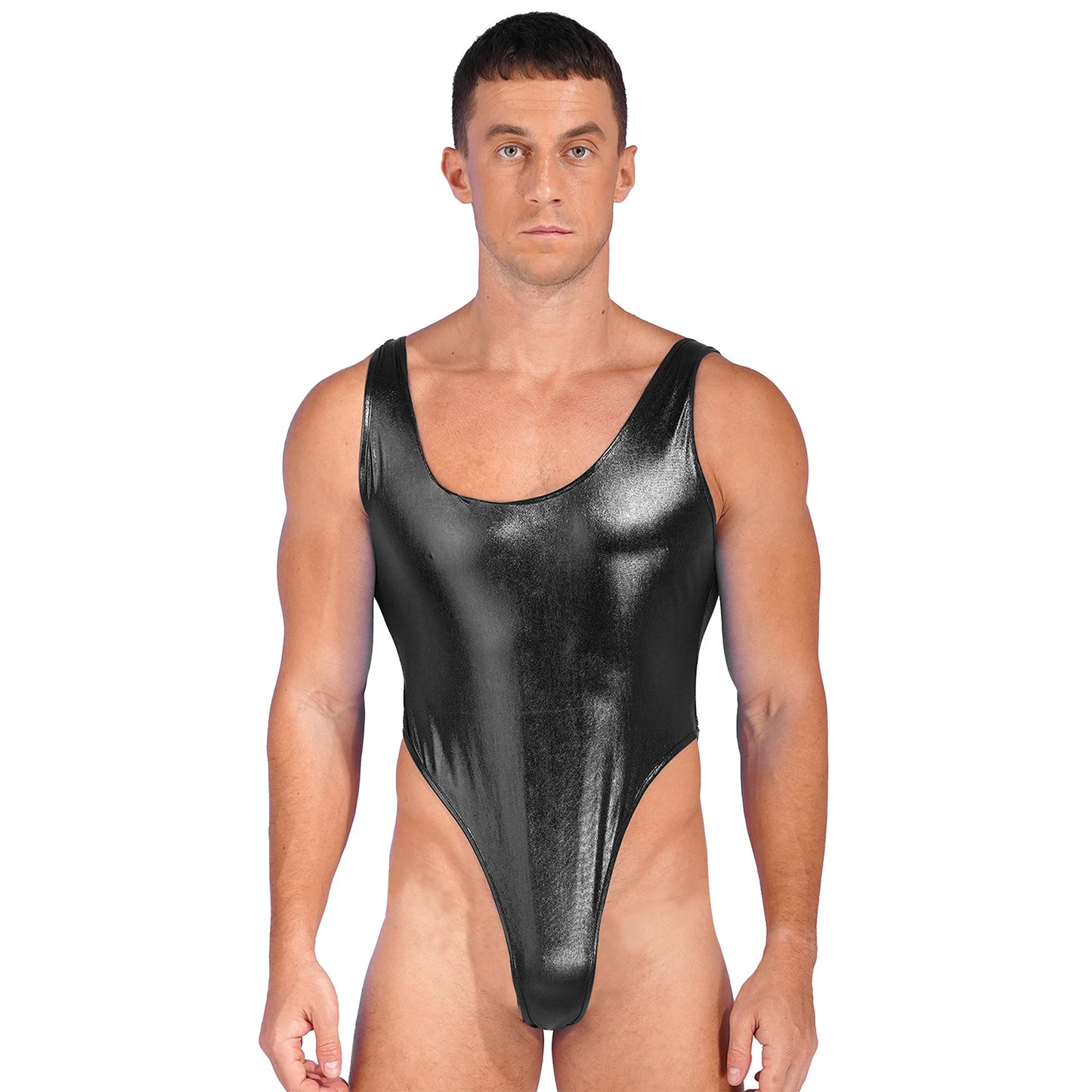 Mens Glossy Bodysuit Fashion One-piece Swimsuit Sleeveless High Cut Wetlook Faux Leather Stretch Leotard Unitard Bathing Suit