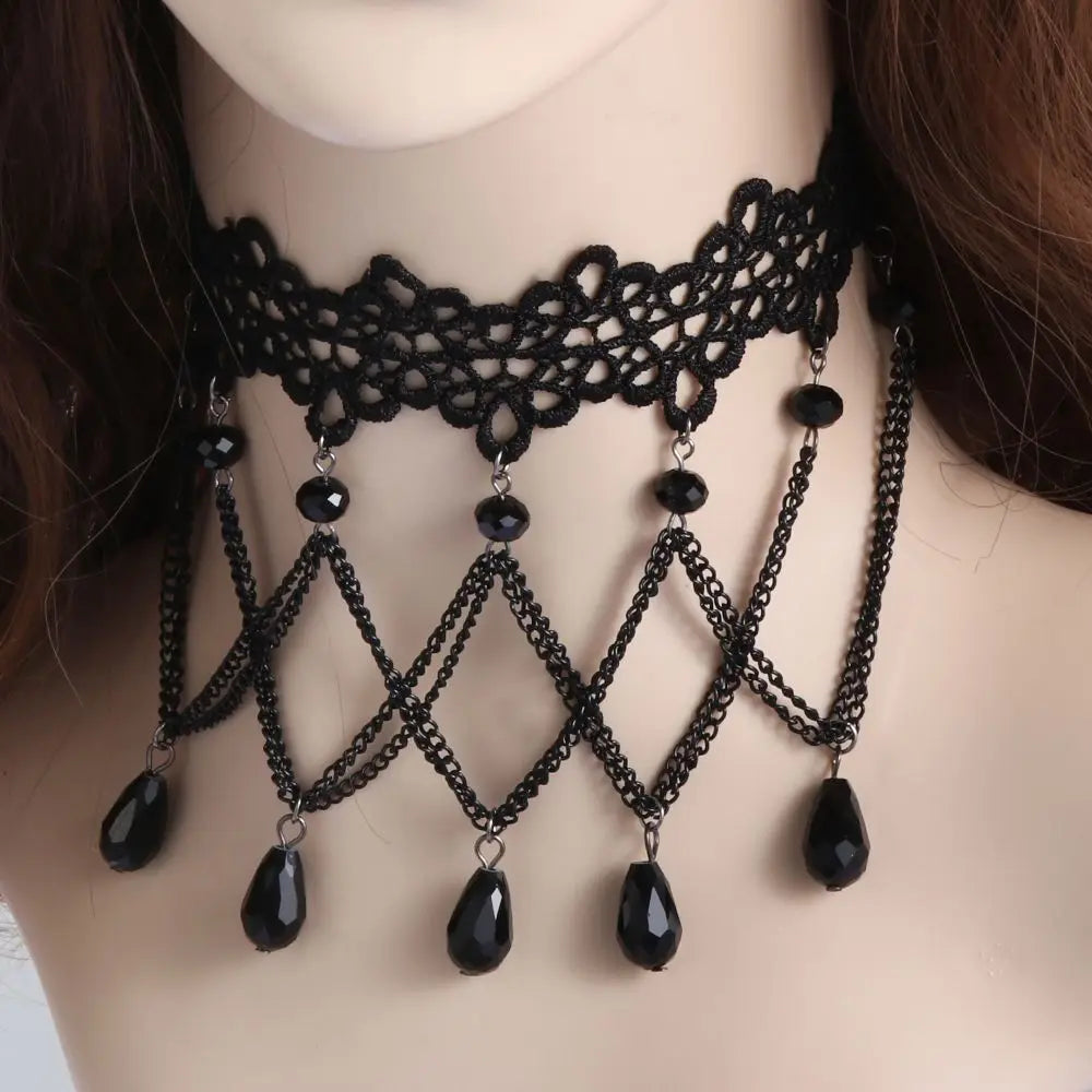 Sexy Neck Chain Steampunk Style Collar Chocker Gemstone Pendant Black Lace Gothic Necklace