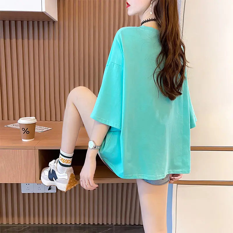 Women's T-shirt Summer Outfit Graphic Short Sleeve Cotton Top Female Baggy Trending Clothing Korean Popular Clothes Cheap Woman