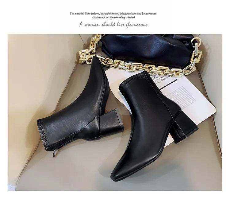 Ladies Bla High Heel ort Boots Spring Autumn Briti Sle Square Head  Boots Faionable Waterproof PU Leather