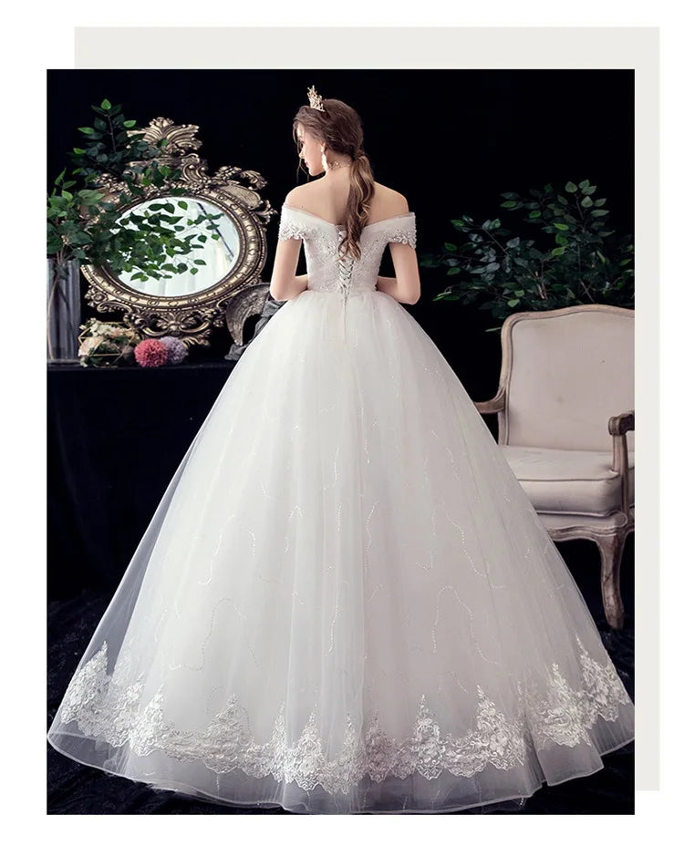 Shiny Wedding Gowns Sweet Boat Neck Wedding Party Ball Gown Off Shoulder Wedding Dresses Customized For Women