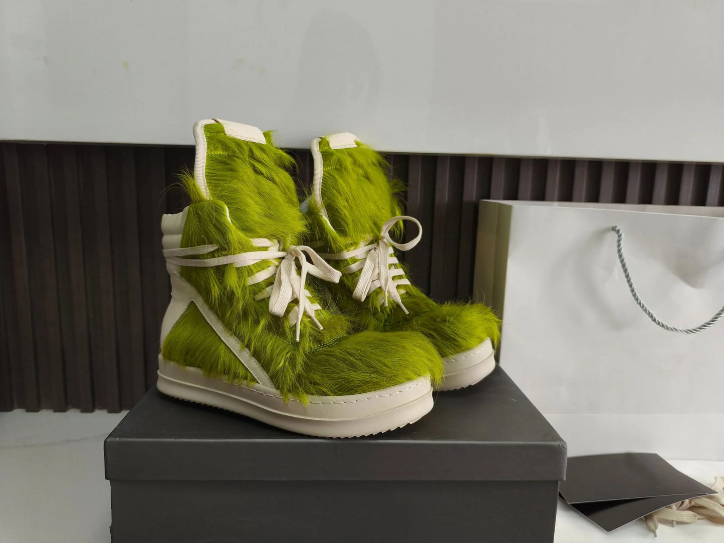 Men's Horsehair Shoes Casual Platform Women High Top Sneakers Leather Luxury Trainers Lace Up Zip Designer Male Boots
